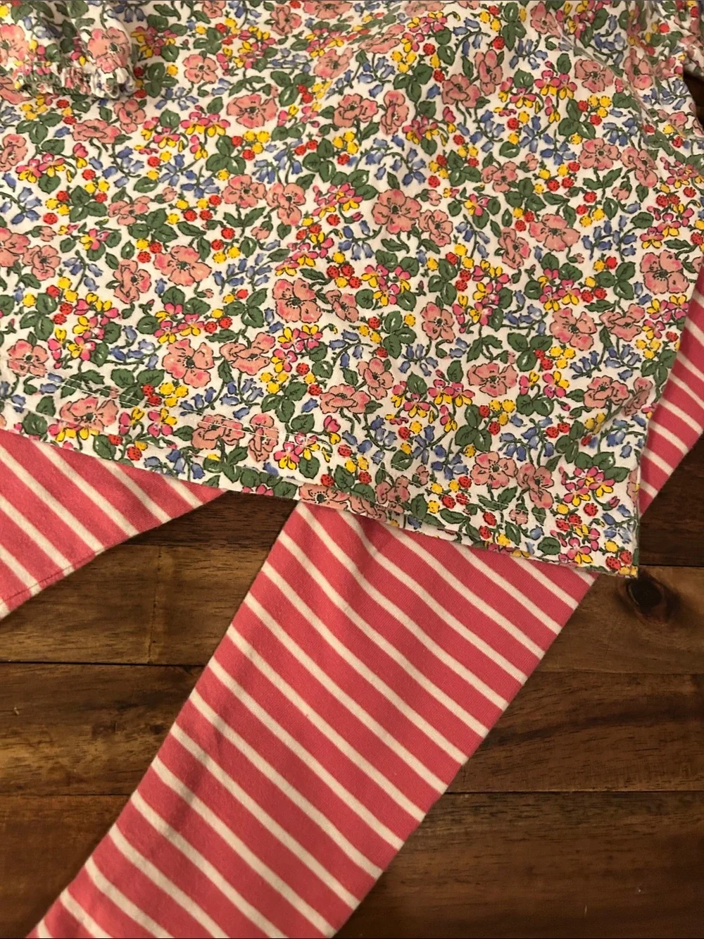 Boden Pink Floral Top with Strawberry Pocket Appliqués and Pink Striped Leggings